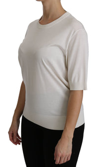 Thumbnail for Elegant White Silk Crew Neck Top