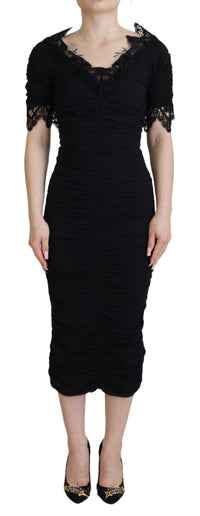 Thumbnail for Black Sheath Midi Bodycon Lace Silk Dress
