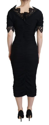 Thumbnail for Black Sheath Midi Bodycon Lace Silk Dress