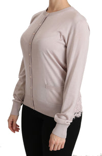 Thumbnail for Silk Blend Pink Crew Neck Cardigan