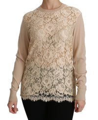 Thumbnail for Elegant Beige Lace Crew Neck Cashmere Blouse