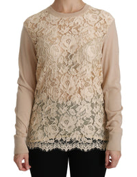 Thumbnail for Elegant Beige Lace Crew Neck Cashmere Blouse