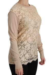 Thumbnail for Elegant Beige Lace Crew Neck Cashmere Blouse
