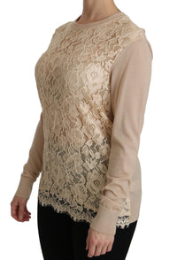 Thumbnail for Elegant Beige Lace Crew Neck Cashmere Blouse