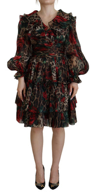 Thumbnail for Silk Leopard Print & Red Roses Dress