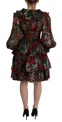 Thumbnail for Silk Leopard Print & Red Roses Dress
