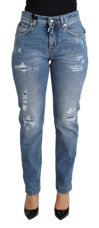 Thumbnail for Blue Tattered Skinny Denim Cotton Blend Jeans