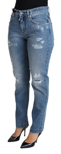Thumbnail for Blue Tattered Skinny Denim Cotton Blend Jeans