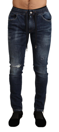 Thumbnail for Blue Cotton Stretch Tattered Denim Jeans