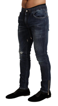Thumbnail for Blue Cotton Stretch Tattered Denim Jeans