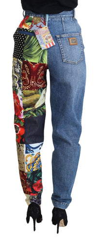 Thumbnail for Patchwork Jacquard Blue Denim Luxury Jeans