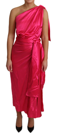 Thumbnail for Elegant Fuchsia Silk One-Shoulder Wrap Dress