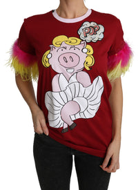 Thumbnail for Chic Red Pig Print Crew Neck T-Shirt
