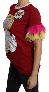 Thumbnail for Chic Red Pig Print Crew Neck T-Shirt