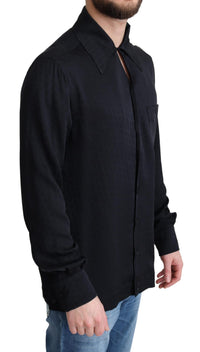 Thumbnail for Black Jacquard Silk Casual Button Down Shirt