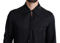 Thumbnail for Black Jacquard Silk Casual Button Down Shirt