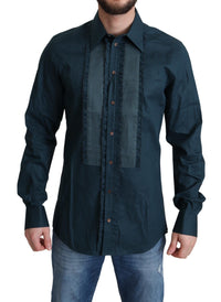 Thumbnail for Elegant Blue Ruffled Tuxedo Shirt