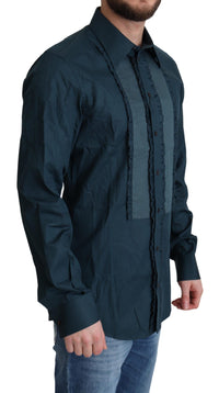 Thumbnail for Elegant Blue Ruffled Tuxedo Shirt