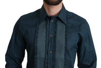 Thumbnail for Elegant Blue Ruffled Tuxedo Shirt