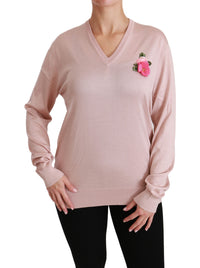 Thumbnail for Pink Floral Silk V-Neck Sweater