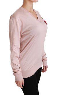 Thumbnail for Pink Floral Silk V-Neck Sweater