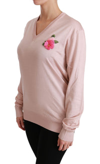 Thumbnail for Pink Floral Silk V-Neck Sweater