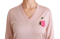 Thumbnail for Pink Floral Silk V-Neck Sweater