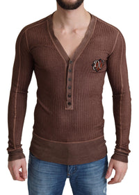 Thumbnail for Brown Logo Button Cardigan V-neck Sweater