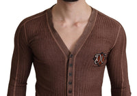 Thumbnail for Brown Logo Button Cardigan V-neck Sweater