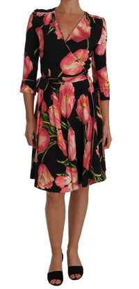 Thumbnail for Elegant Black Shift Dress with Pink Tulips Print