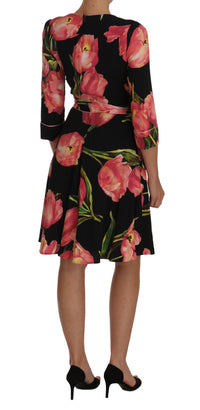 Thumbnail for Elegant Black Shift Dress with Pink Tulips Print
