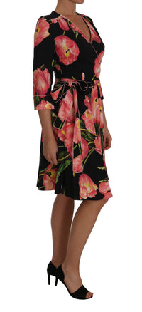 Thumbnail for Elegant Black Shift Dress with Pink Tulips Print