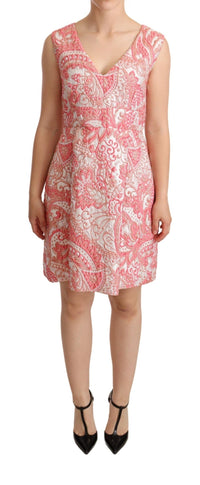 Thumbnail for Pink Floral Jacquard Pleated Sheath Dress