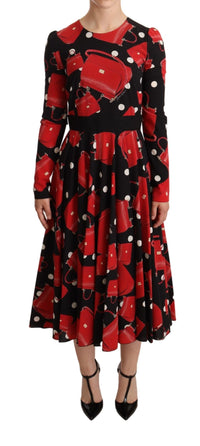 Thumbnail for Black Sicily Bag Print Flared Midi Dress