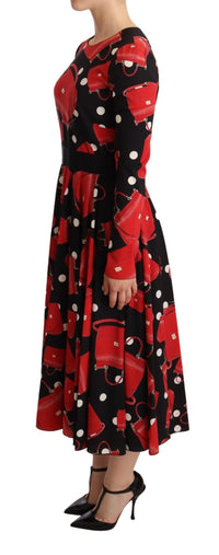 Thumbnail for Black Sicily Bag Print Flared Midi Dress