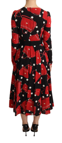 Thumbnail for Black Sicily Bag Print Flared Midi Dress