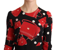 Thumbnail for Black Sicily Bag Print Flared Midi Dress