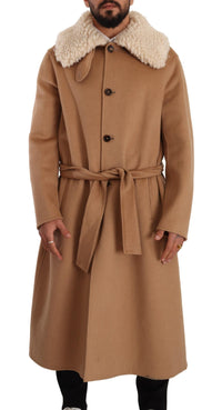 Thumbnail for Opulent Beige Shearling-Collar Overcoat