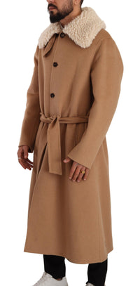 Thumbnail for Opulent Beige Shearling-Collar Overcoat