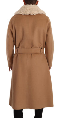 Thumbnail for Opulent Beige Shearling-Collar Overcoat