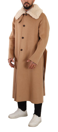 Thumbnail for Opulent Beige Shearling-Collar Overcoat