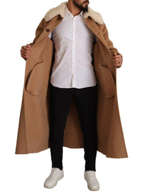 Thumbnail for Opulent Beige Shearling-Collar Overcoat