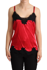 Thumbnail for Red Floral Lace Trimmed Silk Satin Camisole Top