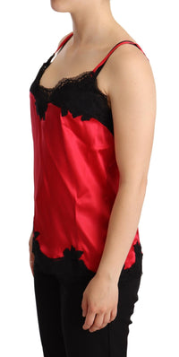 Thumbnail for Red Floral Lace Trimmed Silk Satin Camisole Top