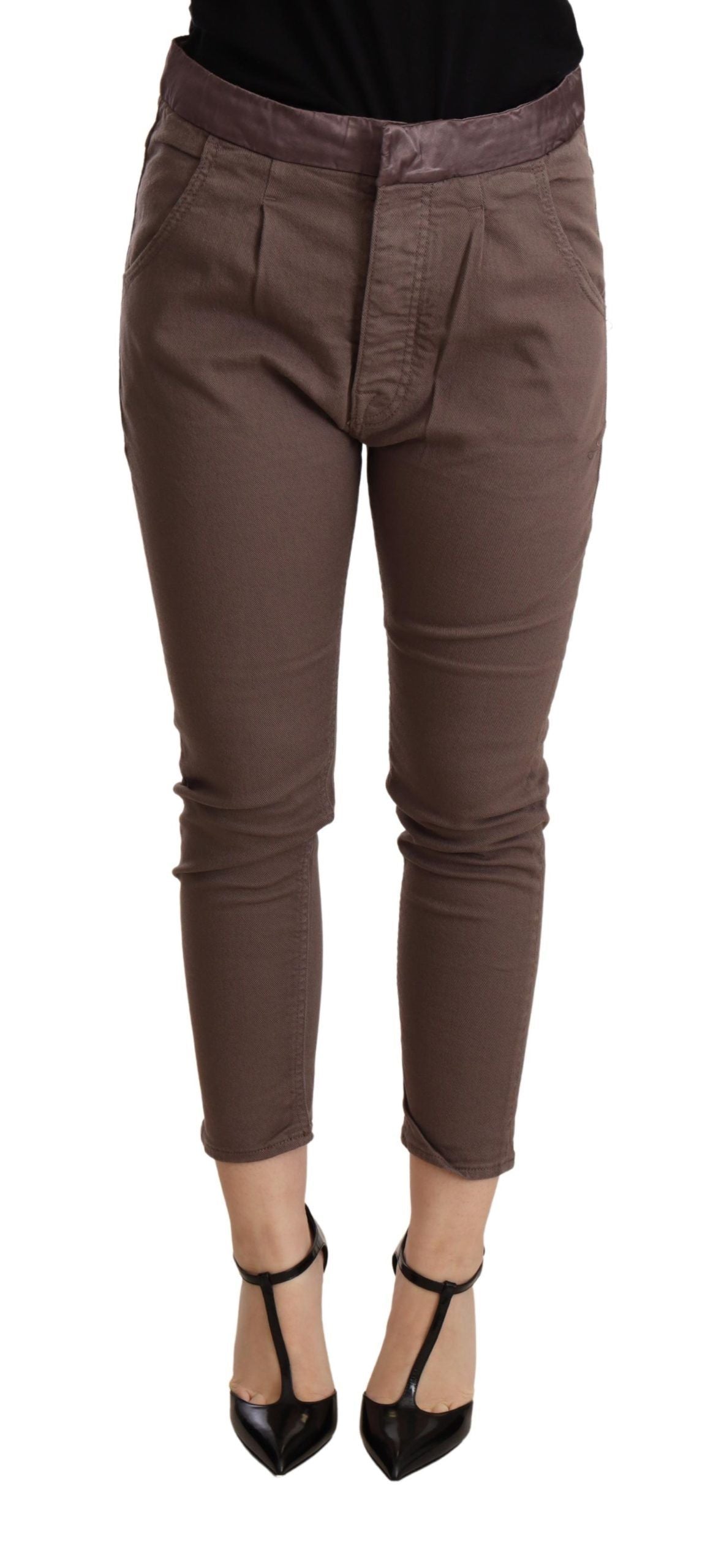 Brown Mid Waist Cropped Skinny Stretch Trouser