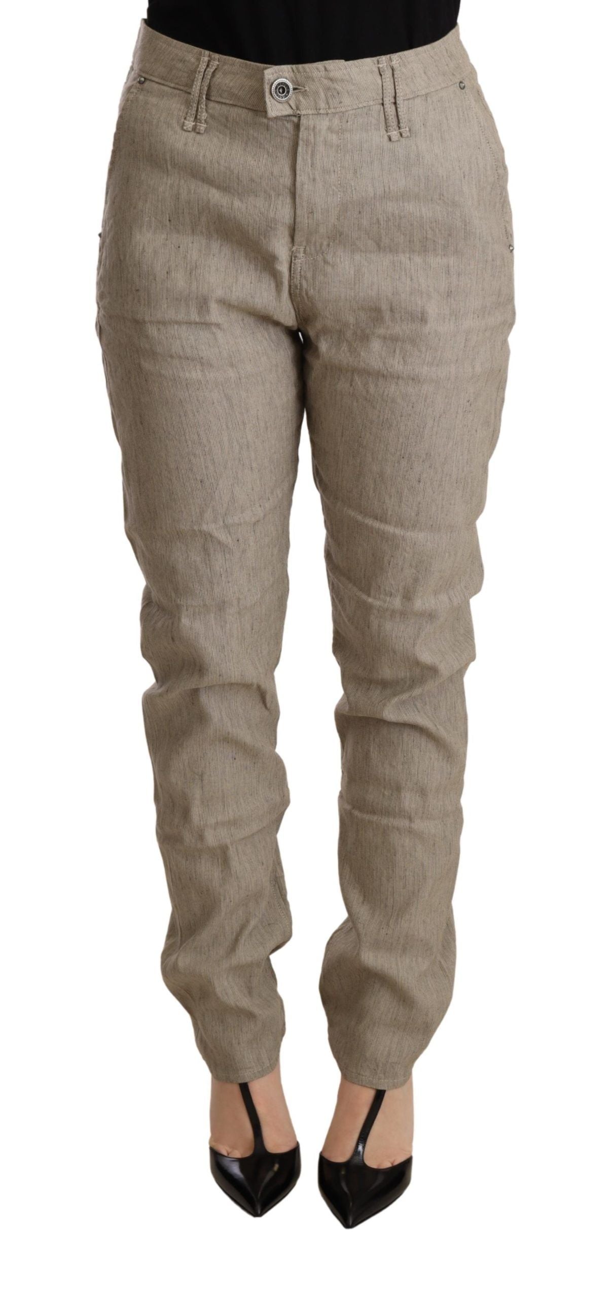 Beige Mid Waist Casual Baggy Stretch Trouser