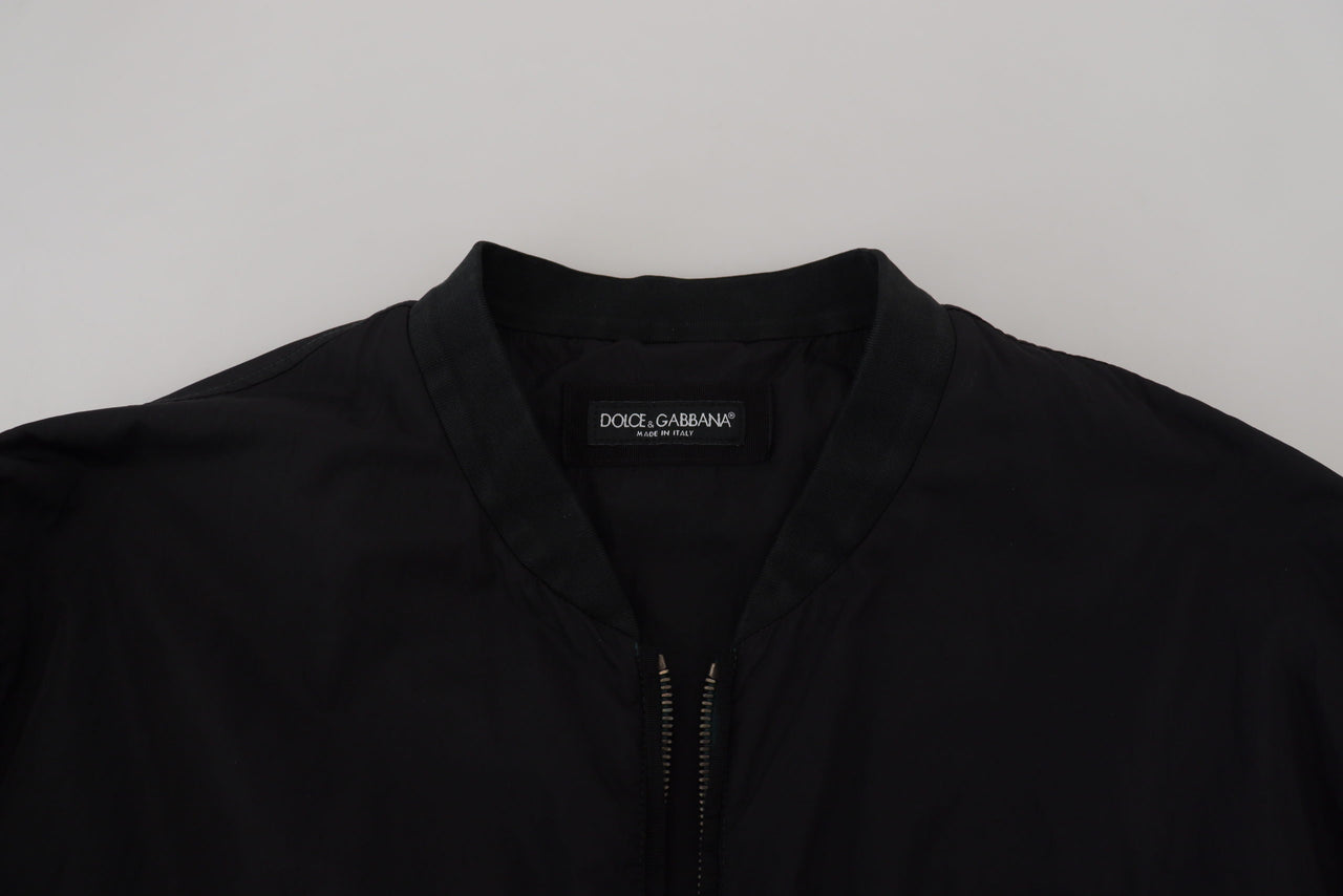 Black Nylon Logo Bomber Zipper Jacket