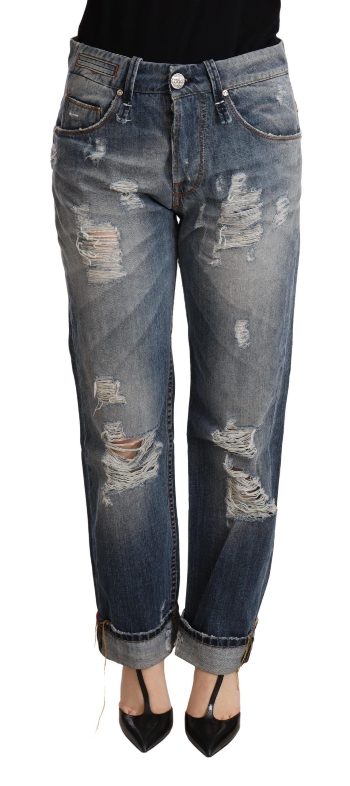 Blue Tattered Mid Waist Straight Denim Trouser