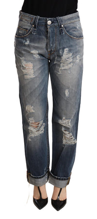 Thumbnail for Blue Tattered Mid Waist Straight Denim Trouser