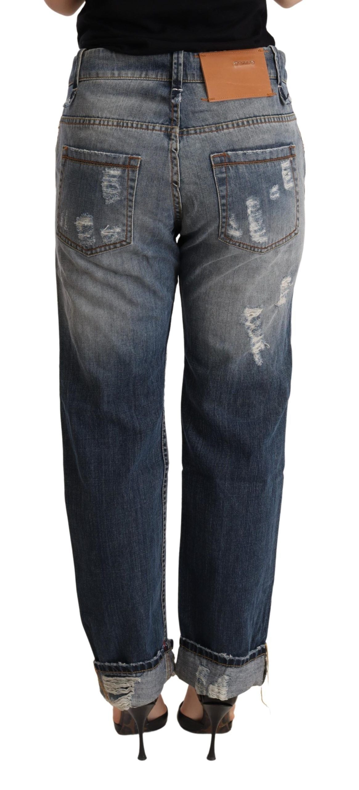 Blue Tattered Mid Waist Straight Denim Trouser